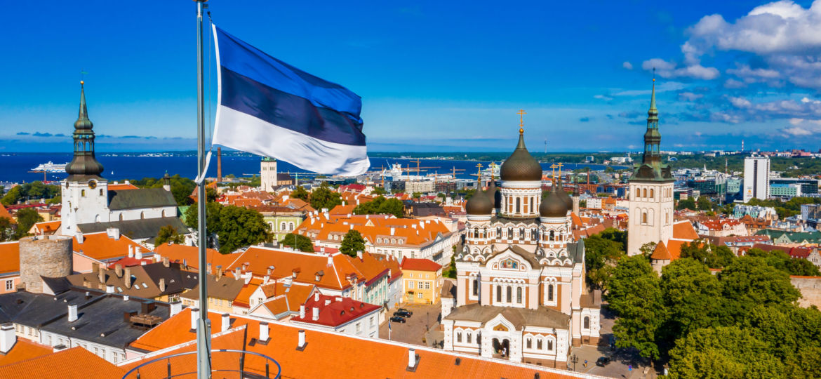 An,Aerial,View,Of,The,Estonian,Flag,Waving,On,The